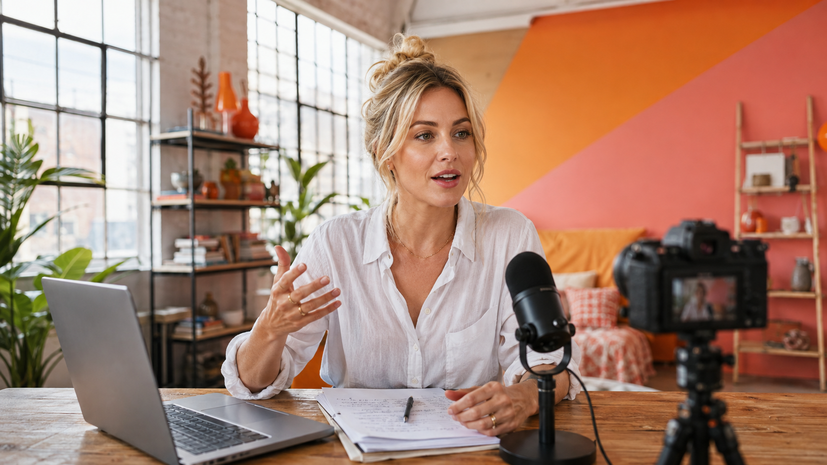 A course creator recording a lesson at her studio desk with a microphone and camera.