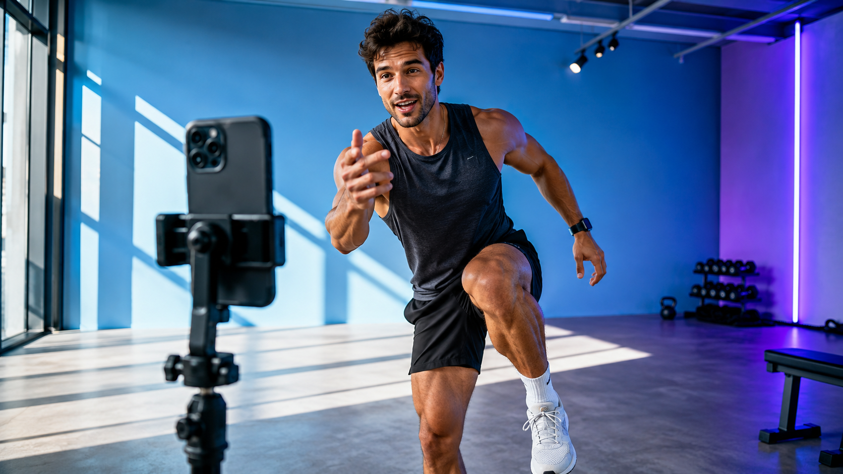 A fitness creator coaching a movement on camera from the gym floor.